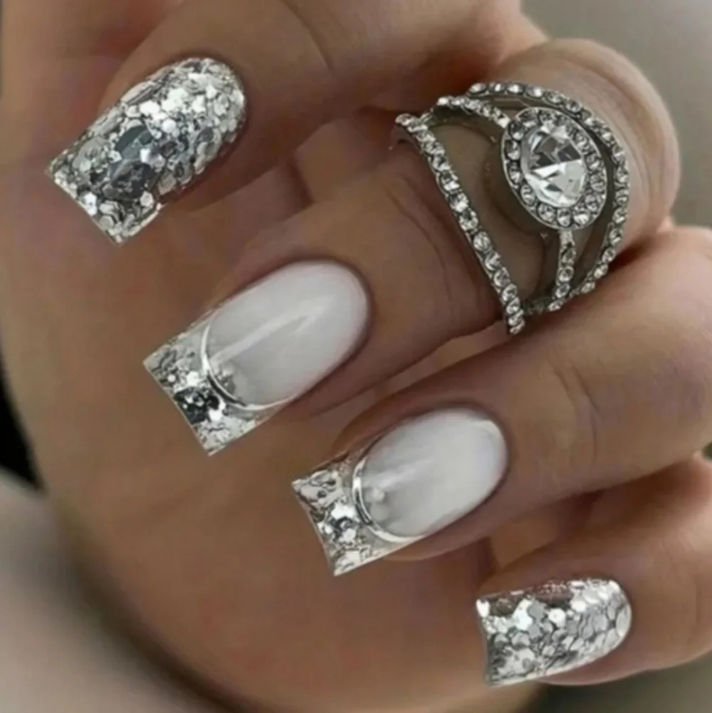 24 Pieces Glitter French Press On Nails